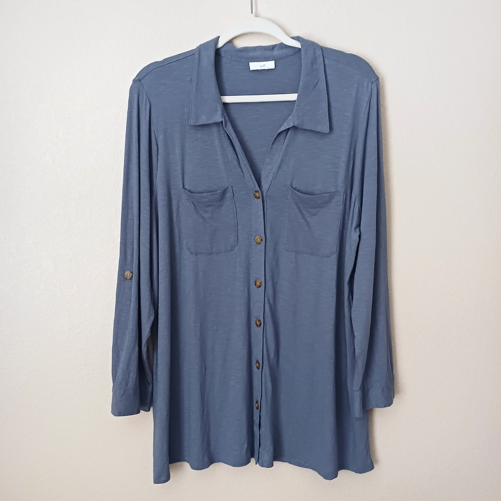 J.Jill Large Slub Textured Patch Pocket Tunic Button Up Shirt Top Blue